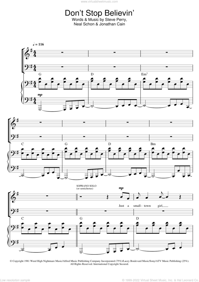 Don't Stop Believin' sheet music for choir (SAB: soprano, alto, bass) by Journey, Glee Cast, Jonathan Cain, Neal Schon and Steve Perry, intermediate skill level