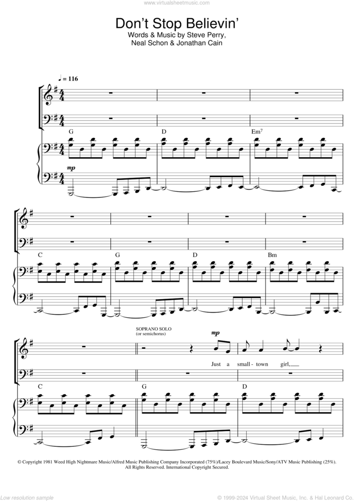 Don't Stop Believin' sheet music for choir (SAB: soprano, alto, bass) by Journey, Glee Cast, Jonathan Cain, Neal Schon and Steve Perry, intermediate skill level