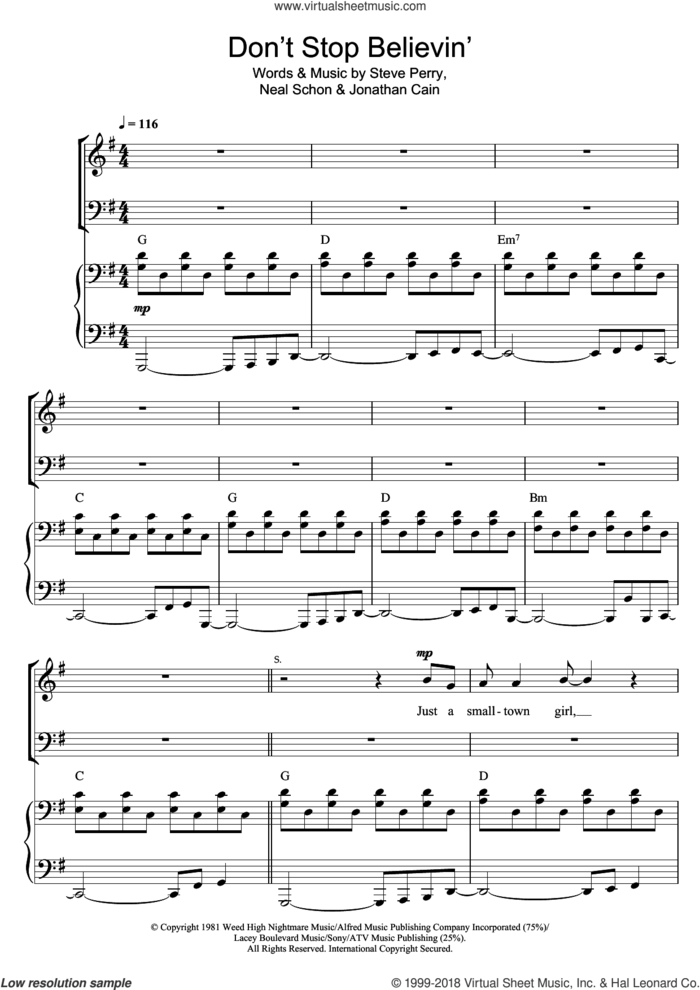 Don't Stop Believin' sheet music for choir (SATB: soprano, alto, tenor, bass) by Journey, Glee Cast, Jonathan Cain, Neal Schon and Steve Perry, intermediate skill level