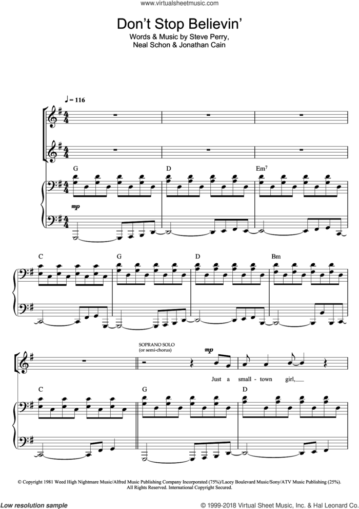 Don't Stop Believin' sheet music for choir (SSA: soprano, alto) by Journey, Glee Cast, Jonathan Cain, Neal Schon and Steve Perry, intermediate skill level