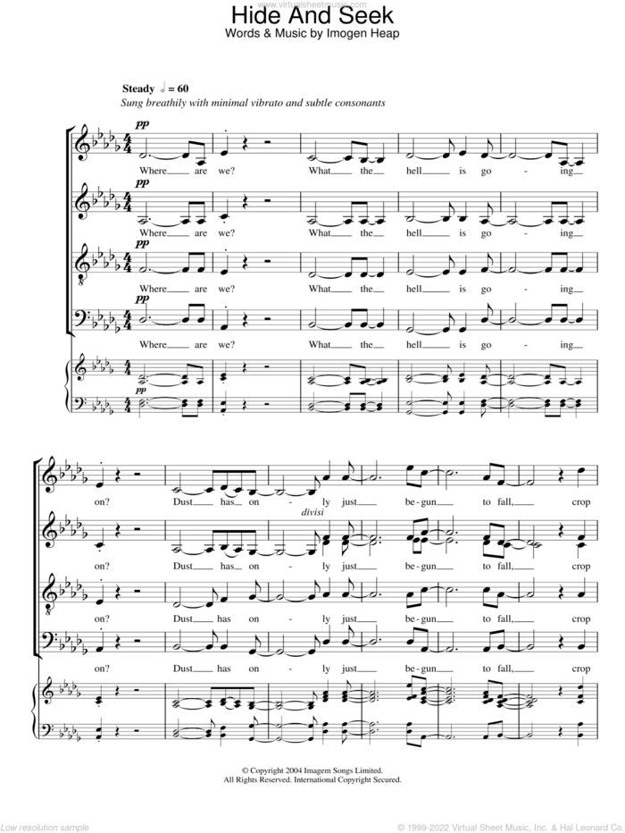 Hide And Seek sheet music for choir (SATB: soprano, alto, tenor, bass) by Imogen Heap, intermediate skill level