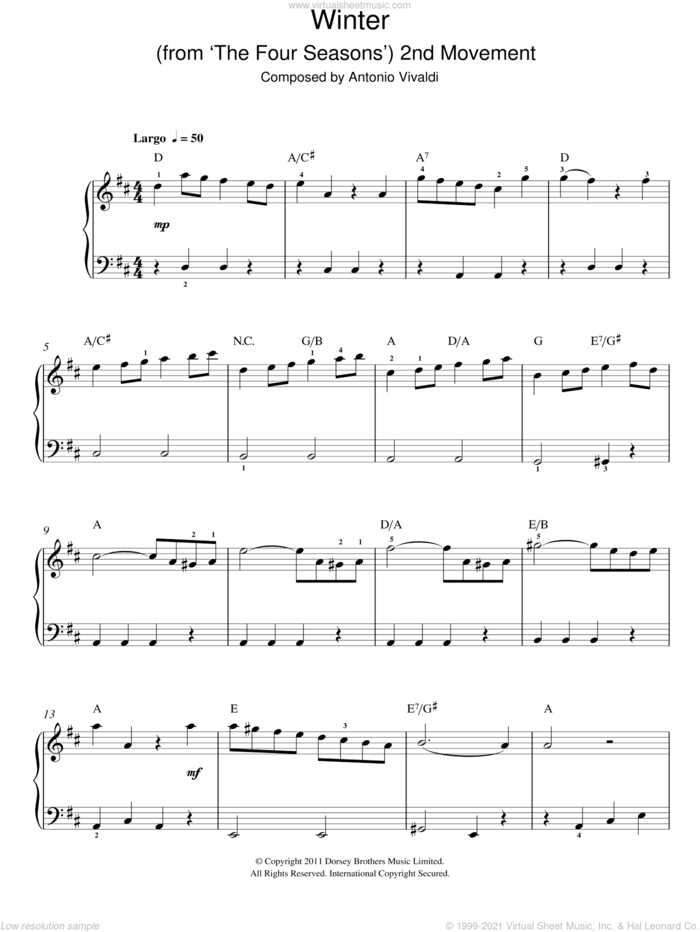 Winter (from The Four Seasons), (easy) sheet music for piano solo by Antonio Vivaldi, classical score, easy skill level