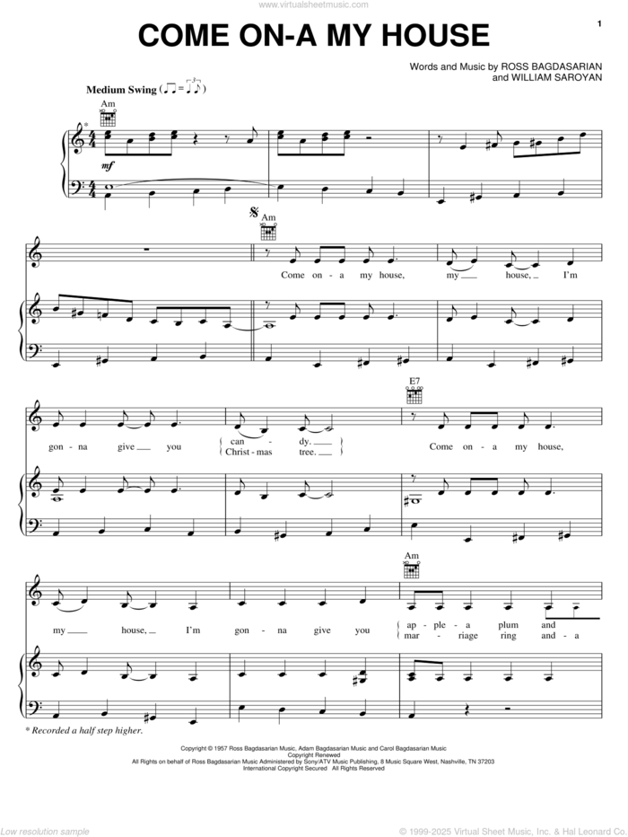 Come On-A My House sheet music for voice, piano or guitar by Rosemary Clooney, Ross Bagdasarian and William Saroyan, intermediate skill level