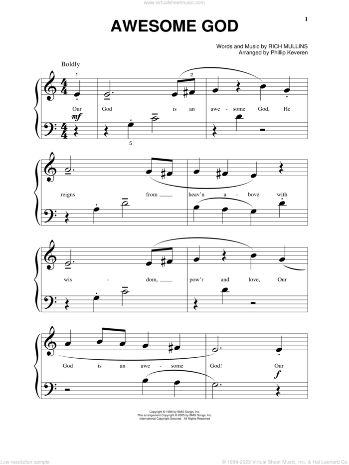 Awesome God (arr. Phillip Keveren), (beginner) (arr. Phillip Keveren) sheet music for piano solo by Rich Mullins and Phillip Keveren, beginner skill level