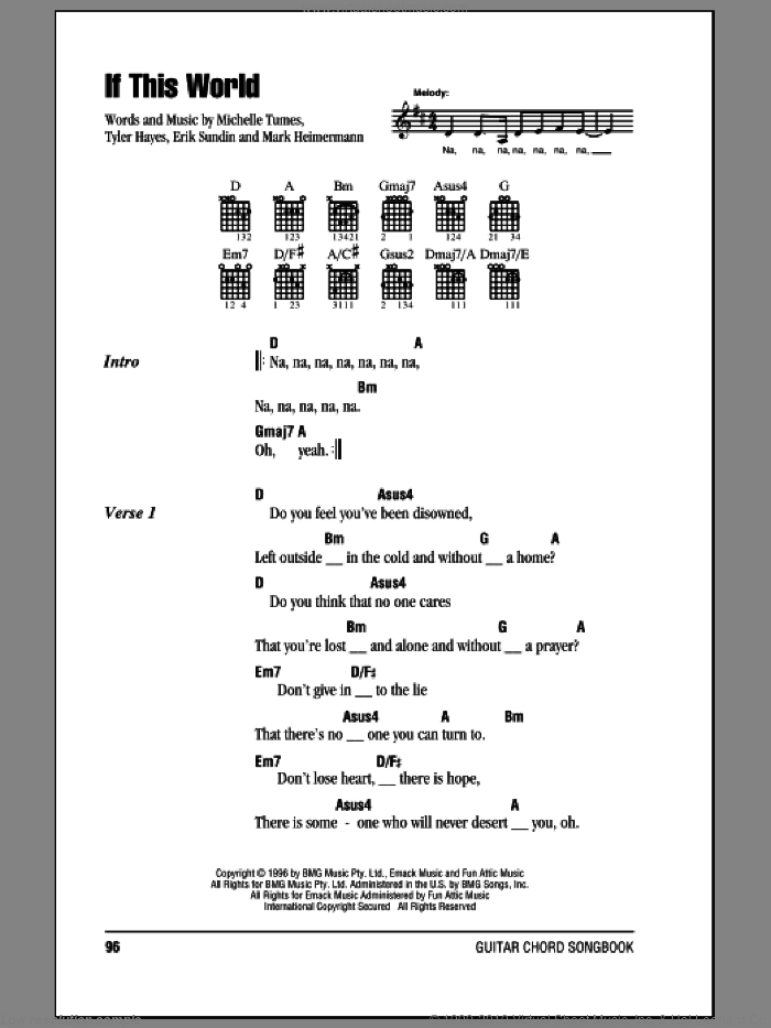 If This World sheet music for guitar (chords) by Jaci Velasquez, Erik Sundin, Mark Heimermann, Michelle Tumes and Tyler Hayes-Bieck, intermediate skill level