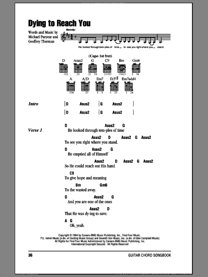 Dying To Reach You sheet music for guitar (chords) by Point Of Grace, Geoffrey Thurman and Michael Puryear, intermediate skill level
