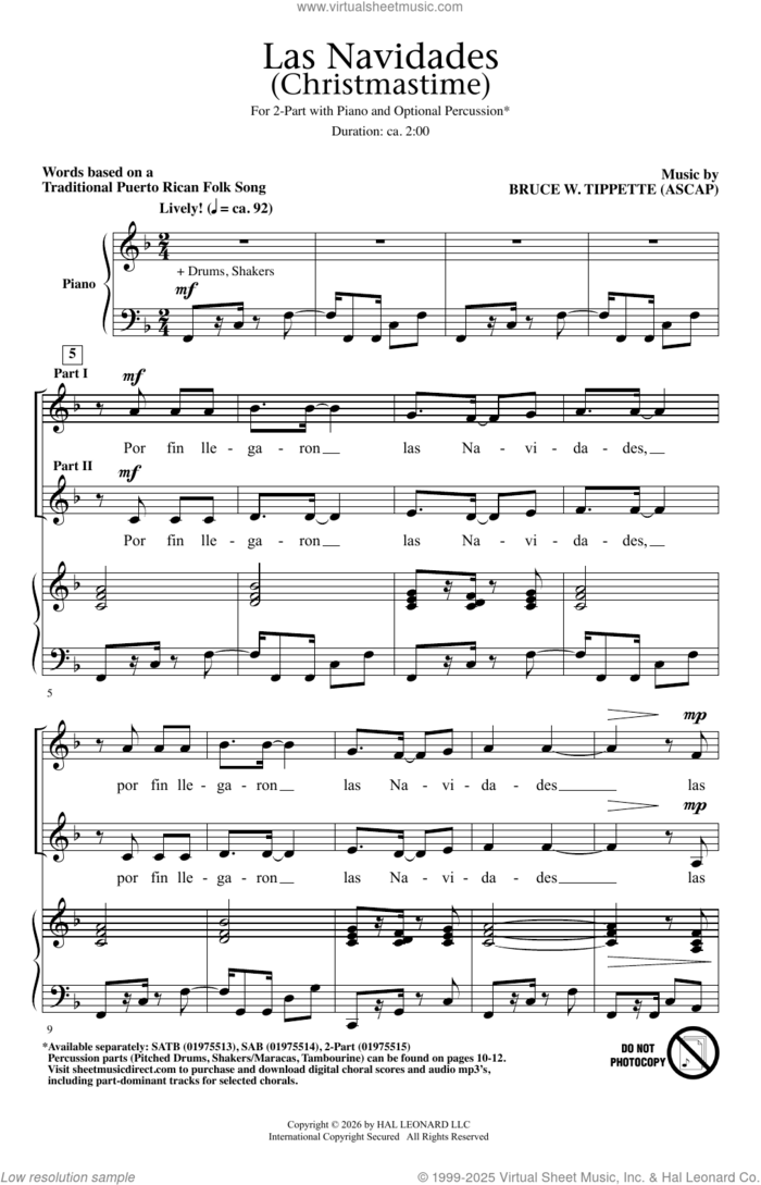 Las Navidades (Christmastime) sheet music for choir (2-Part) by Bruce W. Tippette and Traditional Puerto Rican Folk, intermediate duet