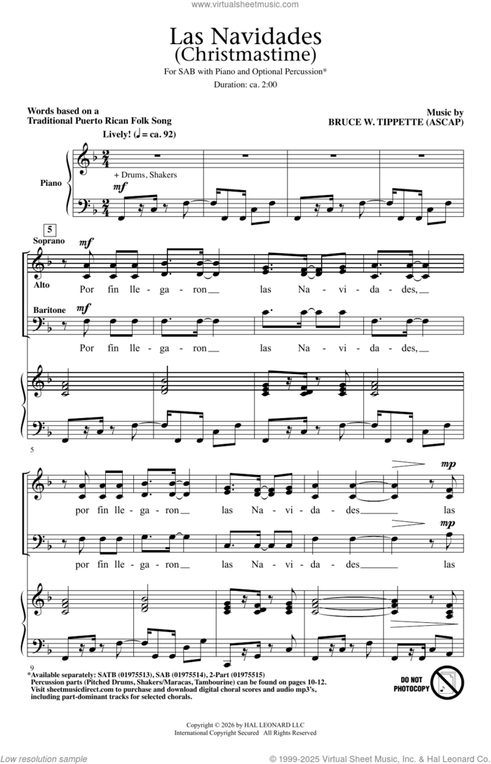 Las Navidades (Christmastime) sheet music for choir (SAB: soprano, alto, bass) by Bruce W. Tippette and Traditional Puerto Rican Folk, intermediate skill level
