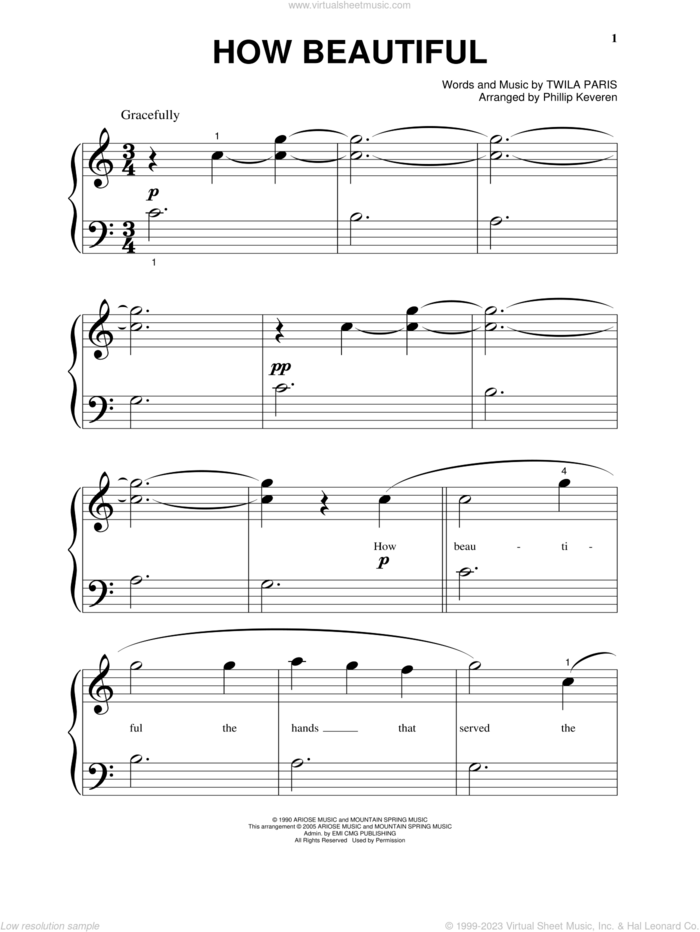 How Beautiful (arr. Phillip Keveren) sheet music for piano solo by Twila Paris and Phillip Keveren, wedding score, beginner skill level