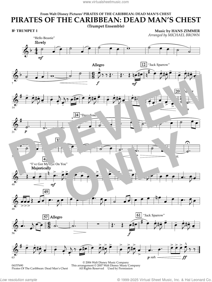 Pirates of the Caribbean, dead man's chest sheet music for concert band (trumpet 1) by Hans Zimmer and Michael Brown, intermediate skill level