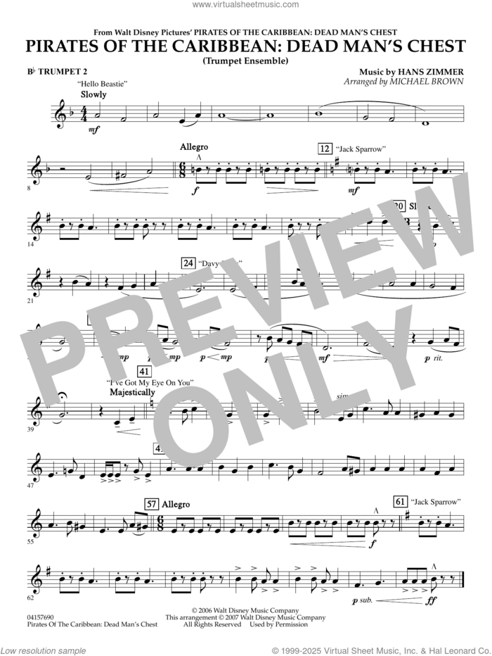 Pirates of the Caribbean, dead man's chest sheet music for concert band (trumpet 2) by Hans Zimmer and Michael Brown, intermediate skill level