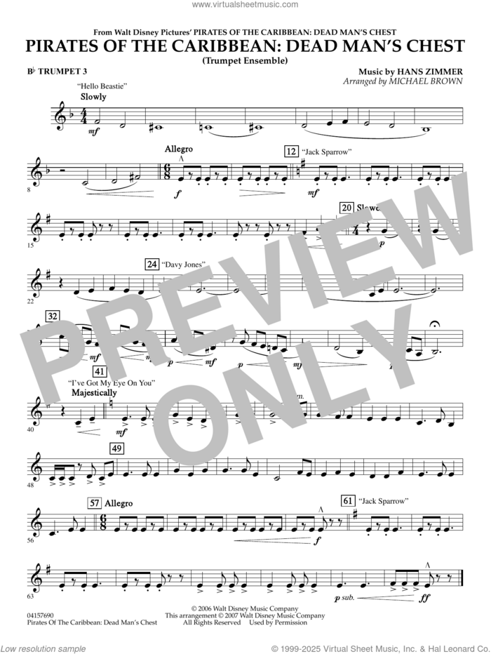 Pirates of the Caribbean, dead man's chest sheet music for concert band (trumpet 3) by Hans Zimmer and Michael Brown, intermediate skill level