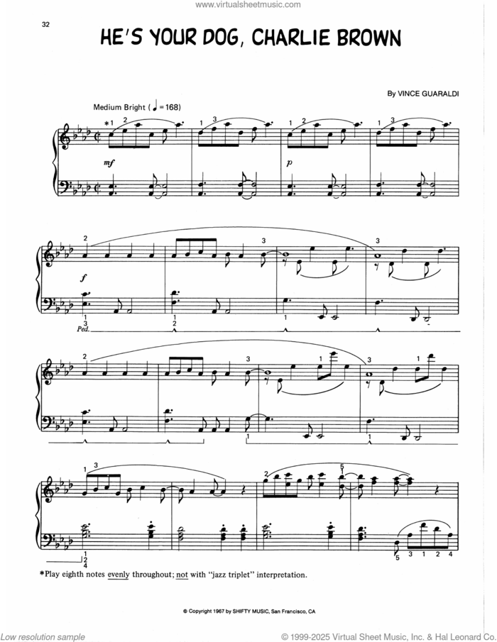 He's Your Dog, Charlie Brown (arr. Lee Evans) sheet music for piano solo by Vince Guaraldi and Lee Evans, intermediate skill level