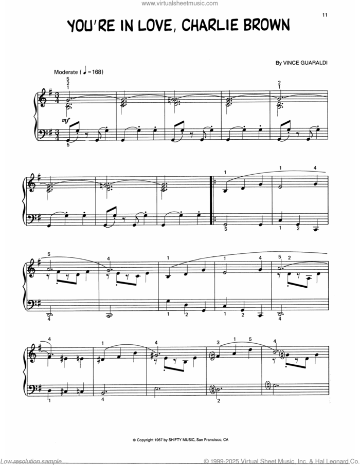 You're In Love, Charlie Brown (arr. Lee Evans) sheet music for piano solo by Vince Guaraldi, Lee Evans and Lee Mendelson, intermediate skill level