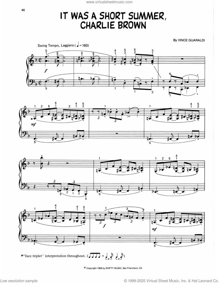 It Was A Short Summer, Charlie Brown (arr. Lee Evans) sheet music for piano solo by Vince Guaraldi and Lee Evans, intermediate skill level