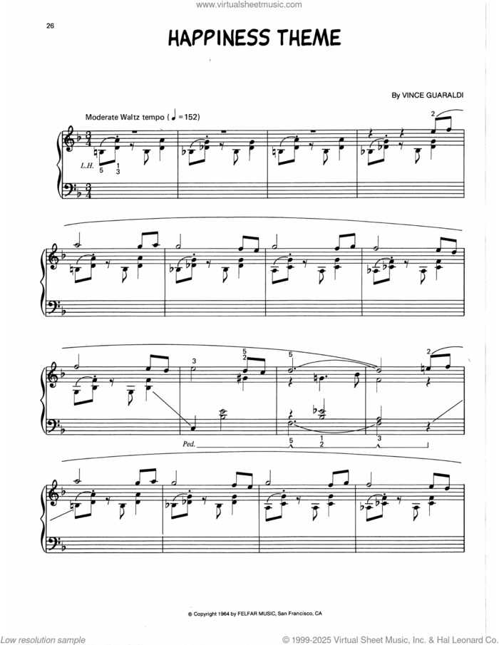 Happiness Theme (arr. Lee Evans) sheet music for piano solo by Vince Guaraldi and Lee Evans, intermediate skill level