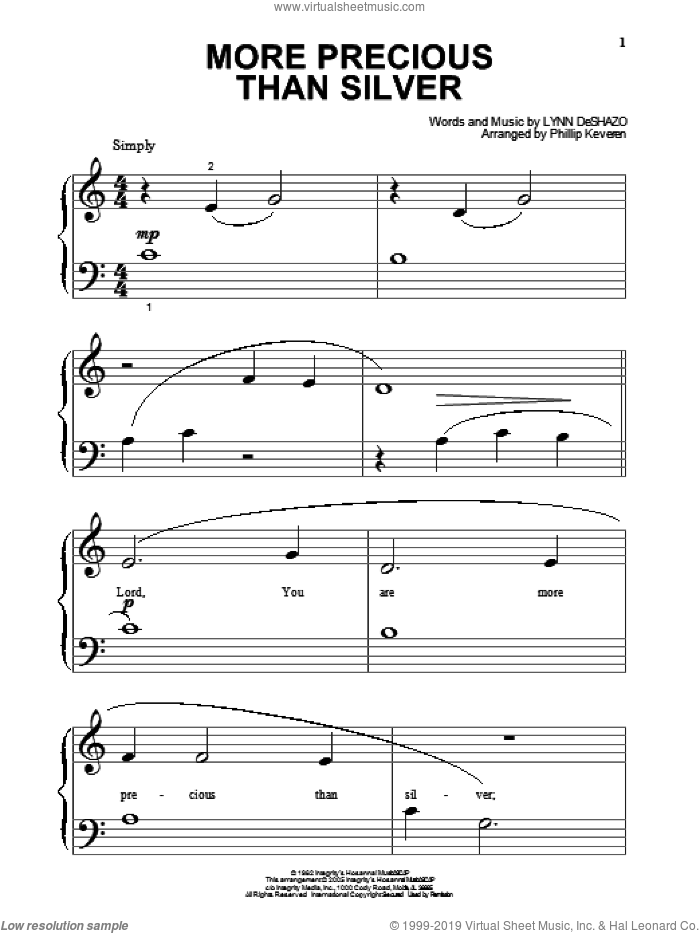More Precious Than Silver (arr. Phillip Keveren) sheet music for piano solo (big note book) by Lynn DeShazo and Phillip Keveren, easy piano (big note book)
