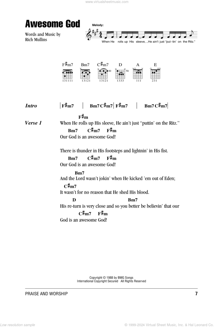 Awesome God sheet music for guitar (chords) by Rich Mullins, intermediate skill level