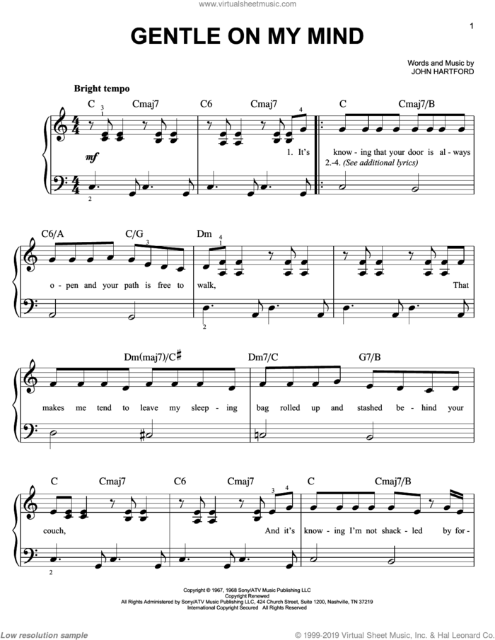 Gentle On My Mind sheet music for piano solo by Glen Campbell, Johnny Cash and John Hartford, beginner skill level