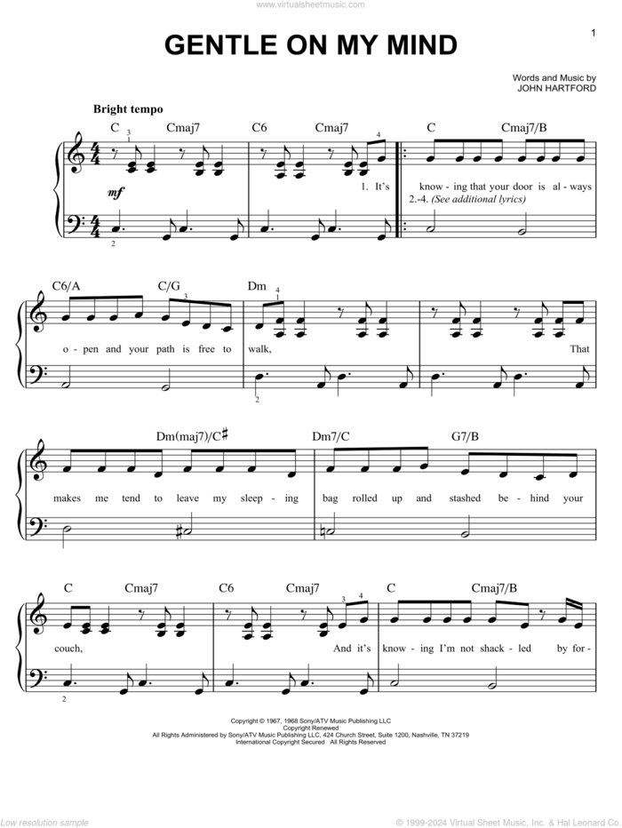 Gentle On My Mind sheet music for piano solo by Glen Campbell, Johnny Cash and John Hartford, beginner skill level