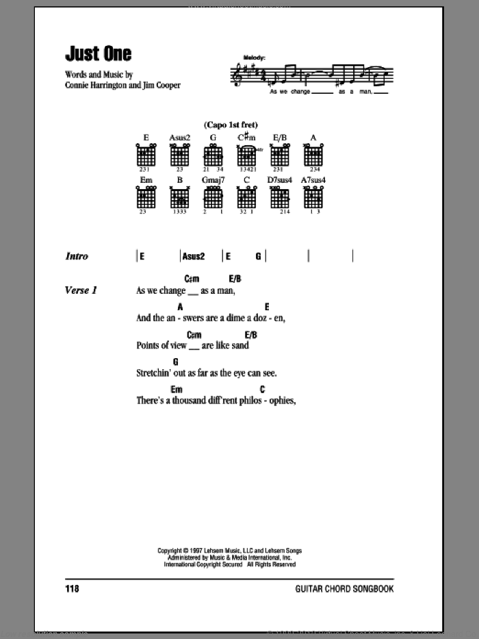 Just One sheet music for guitar (chords) by Phillips, Craig & Dean, Connie Harrington and Jim Cooper, intermediate skill level
