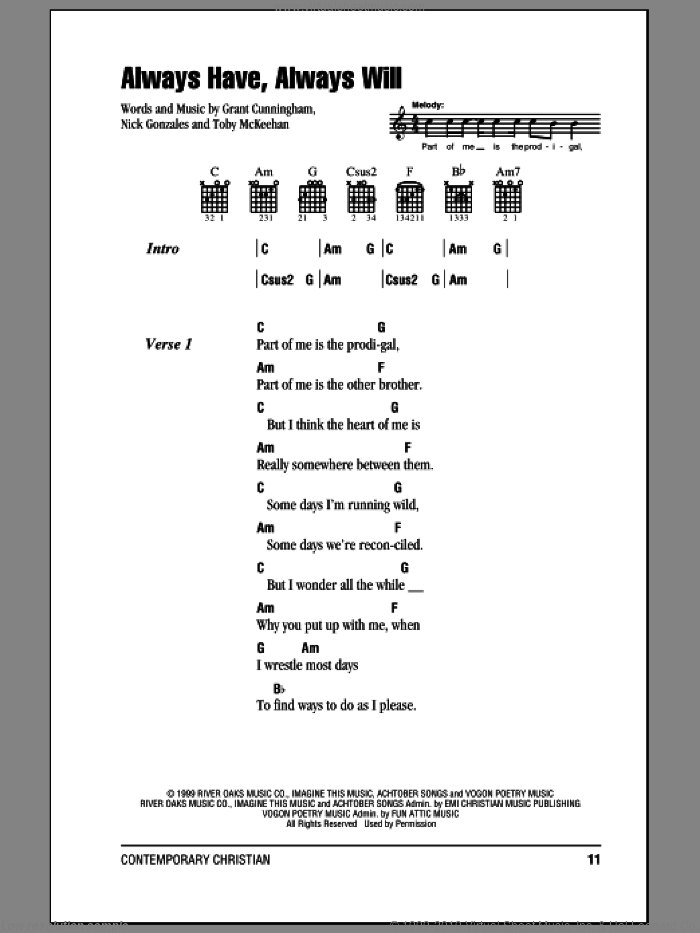 Always Have, Always Will sheet music for guitar (chords) by Avalon, Grant Cunningham, Nick Gonzales and Toby McKeehan, intermediate skill level