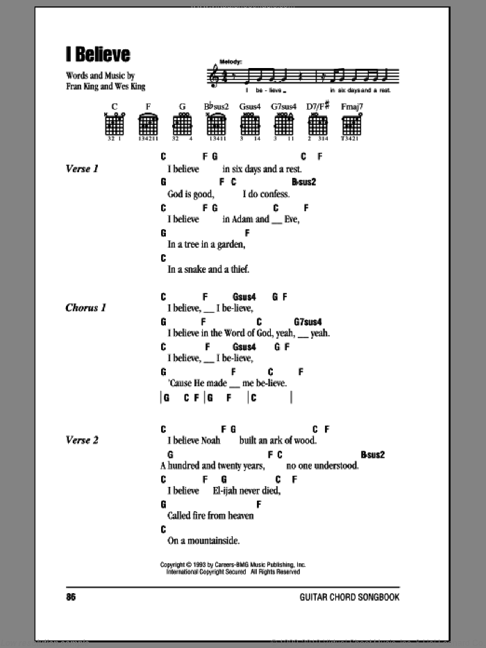 I Believe sheet music for guitar (chords) by Wes King and Fran King, intermediate skill level