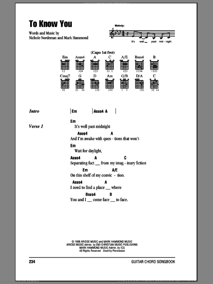 To Know You sheet music for guitar (chords) by Nichole Nordeman and Mark Hammond, intermediate skill level