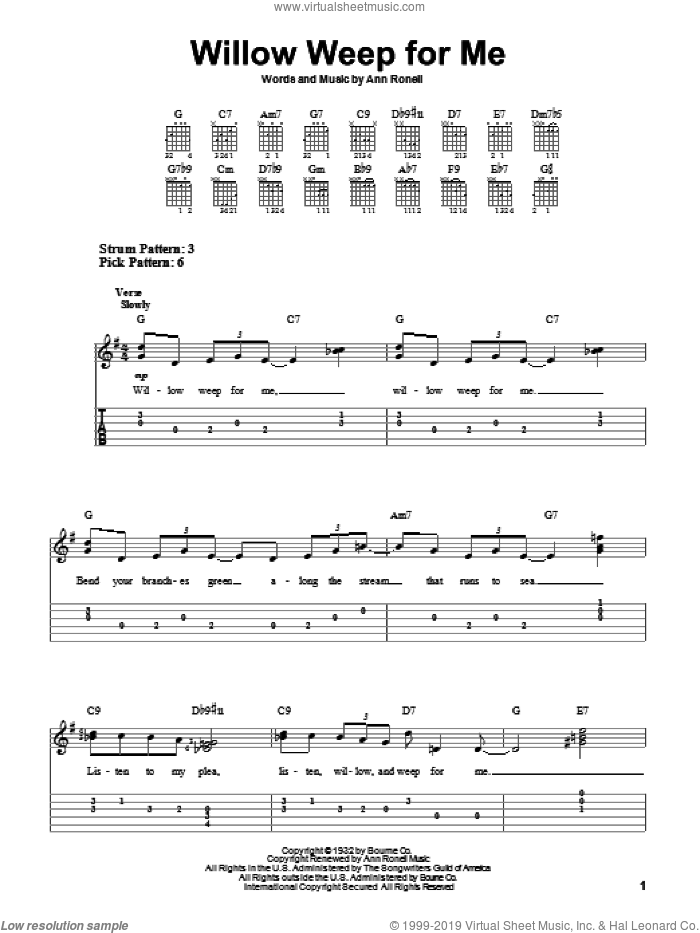 Willow Weep For Me sheet music for guitar solo (easy tablature) by Chad & Jeremy and Ann Ronell, easy guitar (easy tablature)