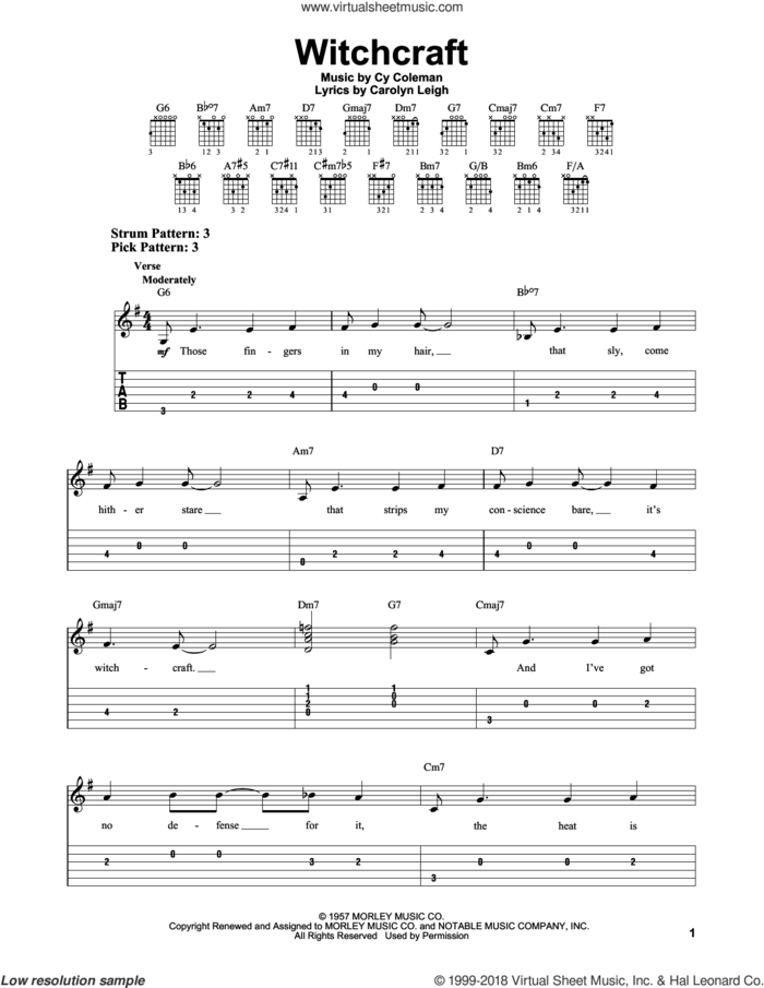 Witchcraft sheet music for guitar solo (easy tablature) by Frank Sinatra, Carolyn Leigh and Cy Coleman, easy guitar (easy tablature)