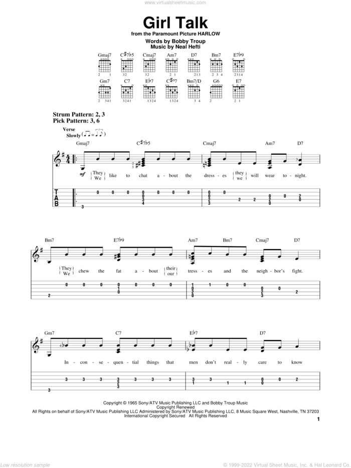 Girl Talk sheet music for guitar solo (easy tablature) by Neal Hefti and Bobby Troup, easy guitar (easy tablature)