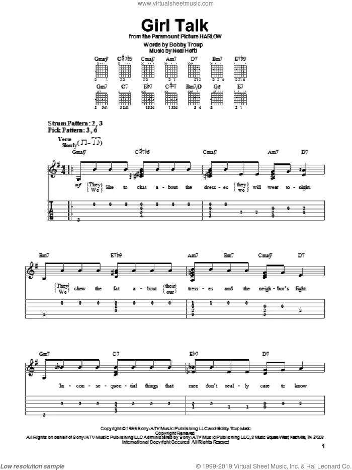 Girl Talk sheet music for guitar solo (easy tablature) by Neal Hefti and Bobby Troup, easy guitar (easy tablature)