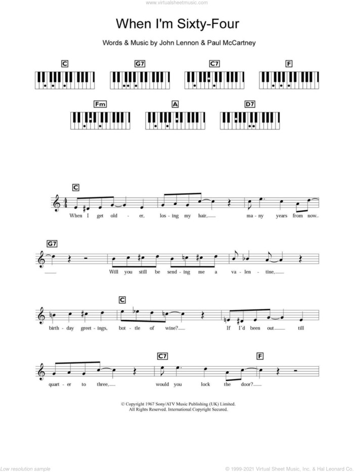 When I'm Sixty-Four sheet music for piano solo (chords, lyrics, melody) by The Beatles and Paul McCartney, intermediate piano (chords, lyrics, melody)