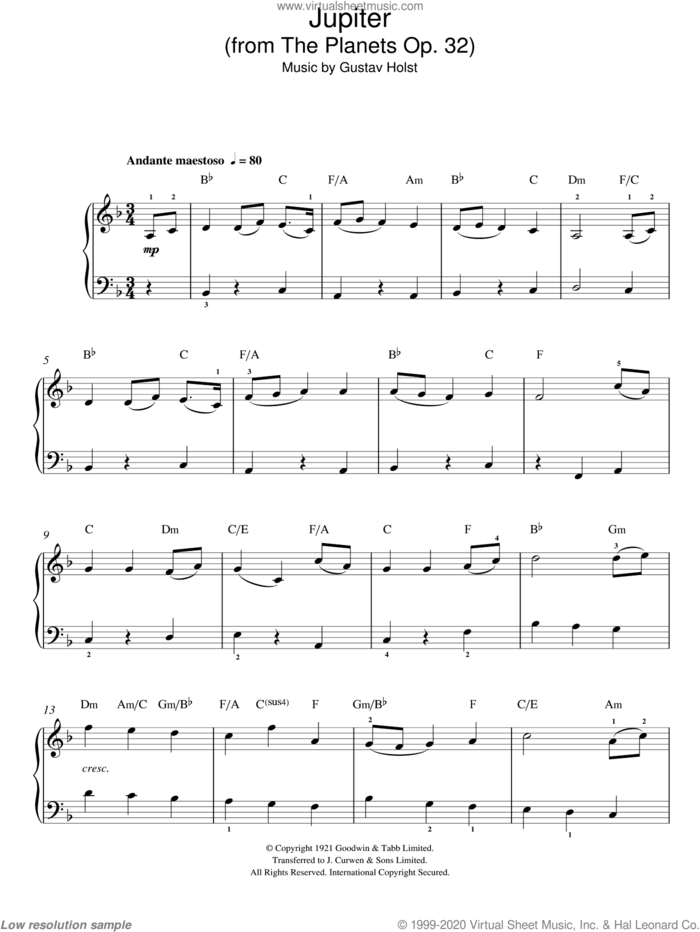 Jupiter (from The Planets Op. 32), (easy) (from The Planets Op. 32) sheet music for piano solo by Gustav Holst, classical score, easy skill level