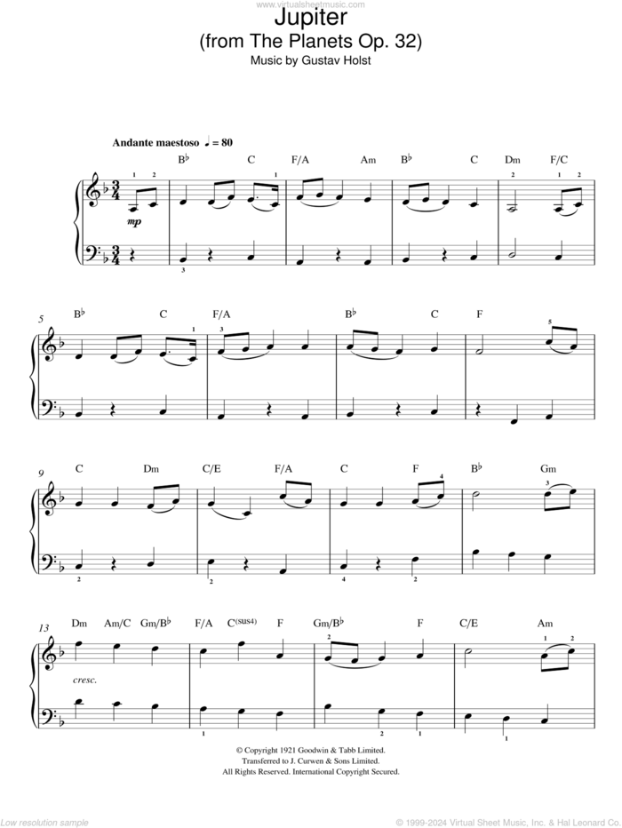 Jupiter (from The Planets Op. 32), (easy) (from The Planets Op. 32) sheet music for piano solo by Gustav Holst, classical score, easy skill level