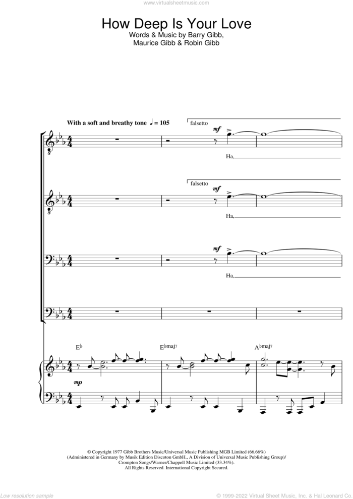 How Deep Is Your Love sheet music for choir (TTBB: tenor, bass) by Bee Gees, Barry Gibb, Maurice Gibb and Robin Gibb, intermediate skill level