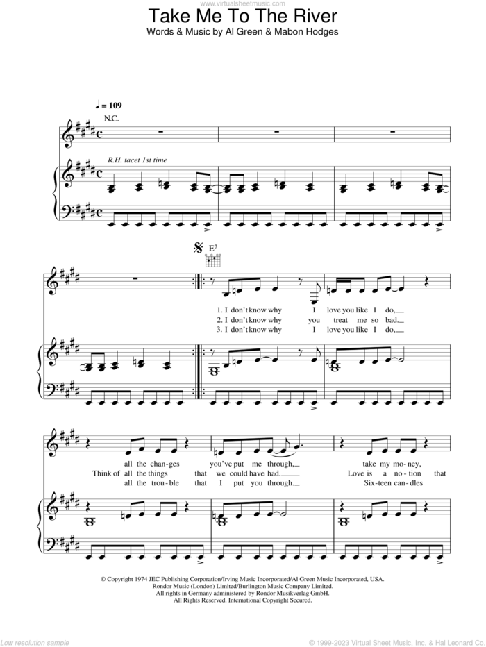 Take Me To The River sheet music for voice, piano or guitar by Al Green and Annie Lennox, intermediate skill level