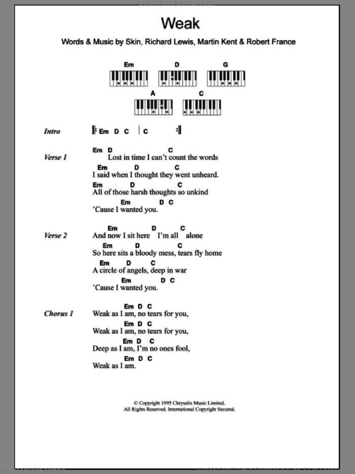 Weak sheet music for piano solo (chords, lyrics, melody) by Skunk Anansie, intermediate piano (chords, lyrics, melody)