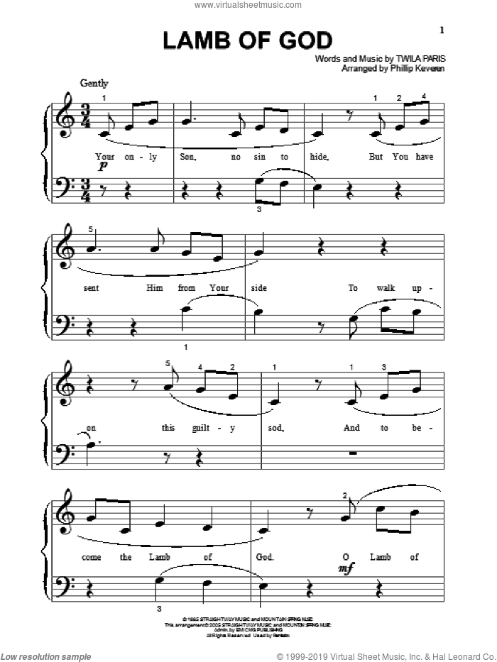 Lamb Of God (arr. Phillip Keveren) sheet music for piano solo (big note book) by Twila Paris and Phillip Keveren, easy piano (big note book)