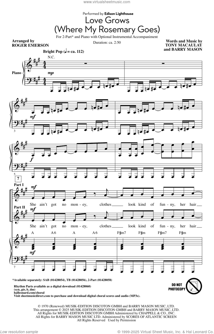 Love Grows (Where My Rosemary Goes) (arr. Roger Emerson) sheet music for choir (2-Part) by Edison Lighthouse, Roger Emerson, Barry Mason and Tony Macaulay, intermediate duet