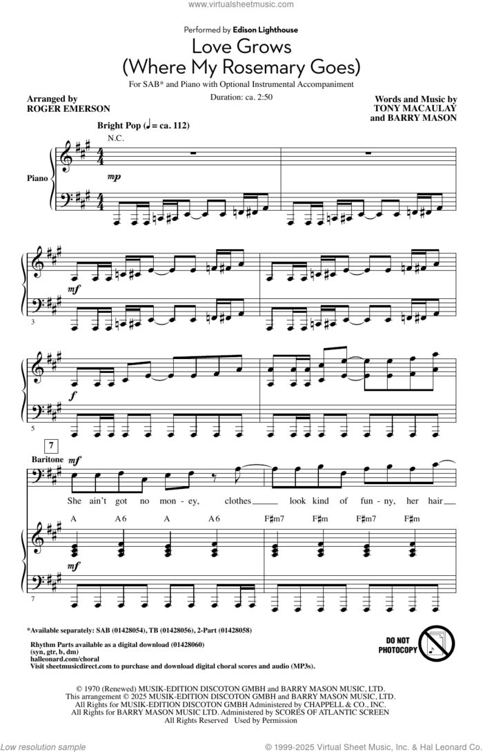 Love Grows (Where My Rosemary Goes) (arr. Roger Emerson) sheet music for choir (SAB: soprano, alto, bass) by Edison Lighthouse, Roger Emerson, Barry Mason and Tony Macaulay, intermediate skill level
