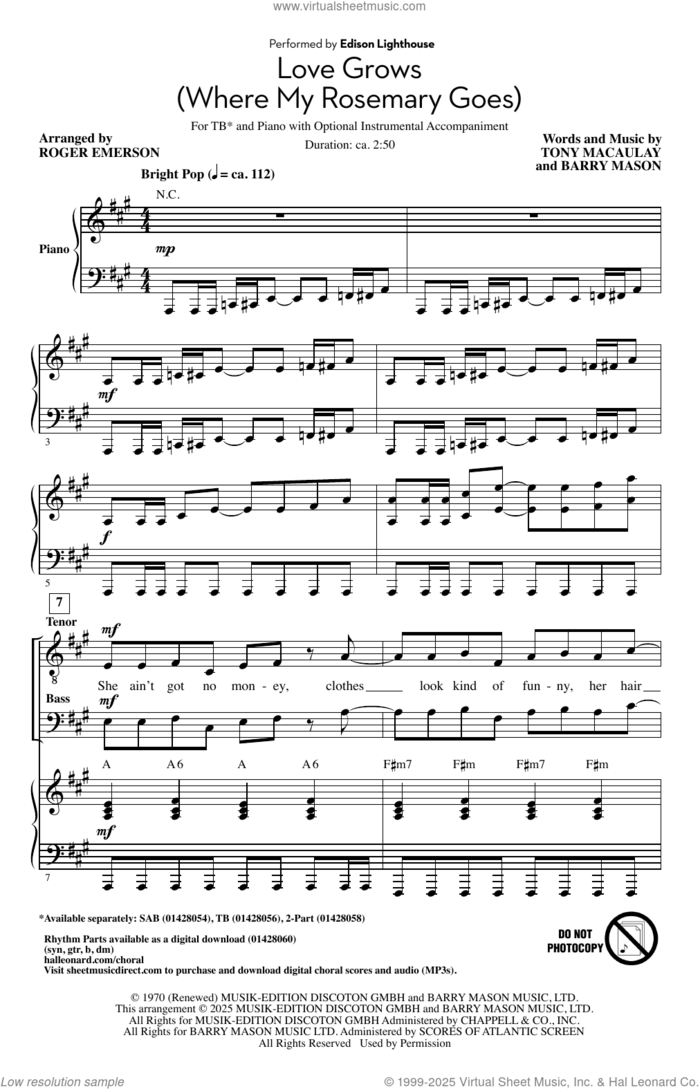 Love Grows (Where My Rosemary Goes) (arr. Roger Emerson) sheet music for choir (TB: tenor, bass) by Edison Lighthouse, Roger Emerson, Barry Mason and Tony Macaulay, intermediate skill level