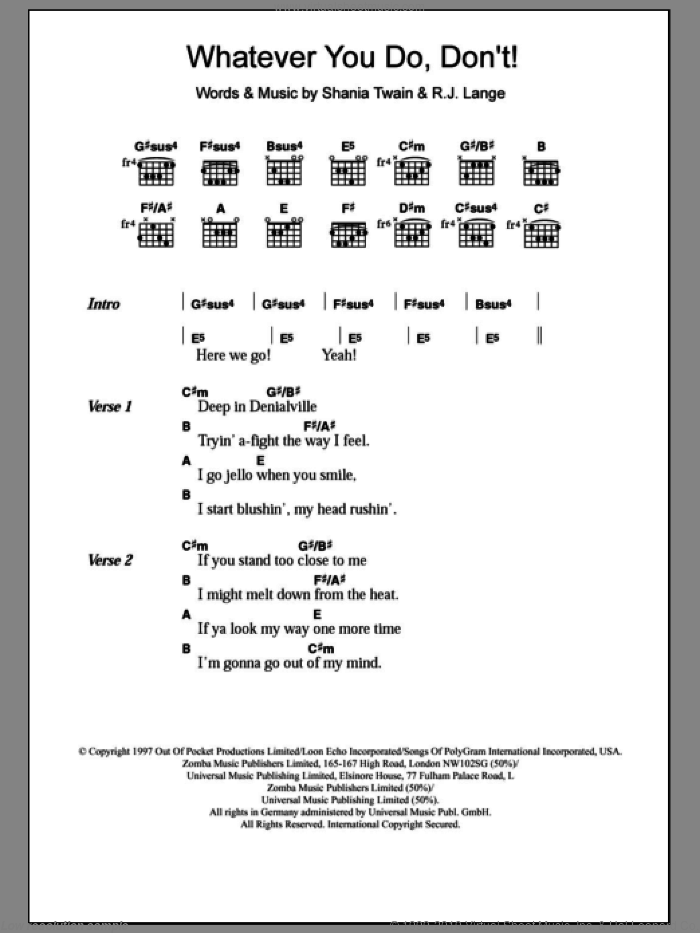 Whatever You Do, Don't! sheet music for guitar (chords) by Shania Twain, intermediate skill level