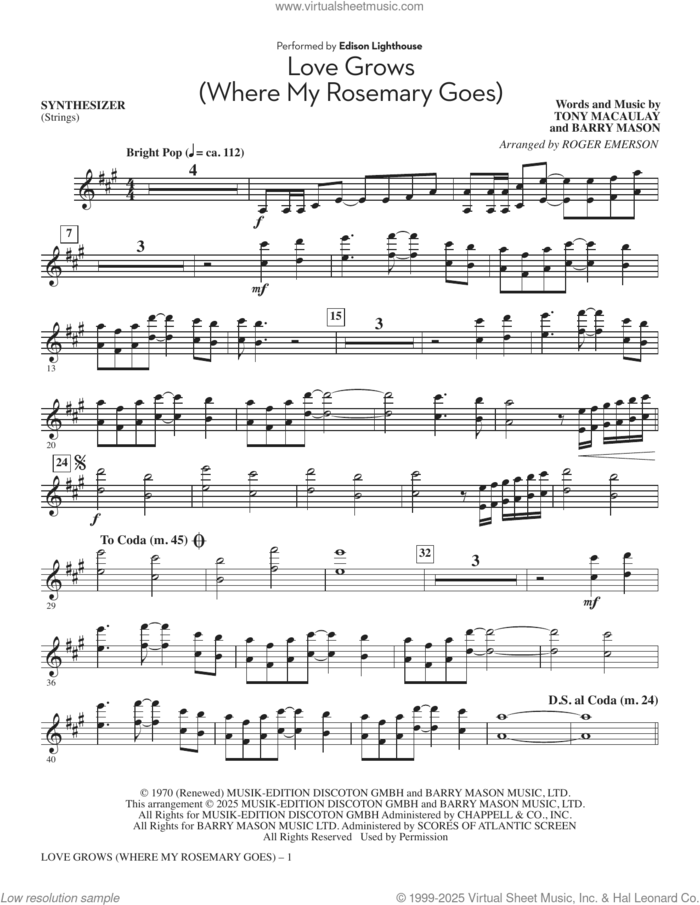 Love Grows (Where My Rosemary Goes) (arr. Roger Emerson) (complete set of parts) sheet music for orchestra/band (Rhythm) by Roger Emerson, Barry Mason, Edison Lighthouse and Tony Macaulay, intermediate skill level