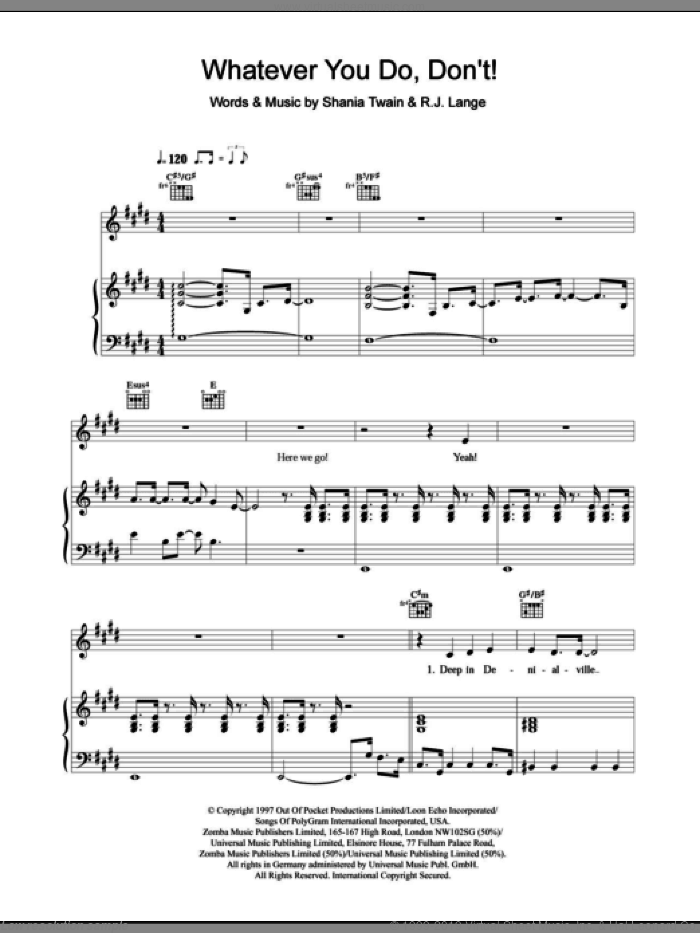 Whatever You Do, Don't! sheet music for voice, piano or guitar by Shania Twain, intermediate skill level