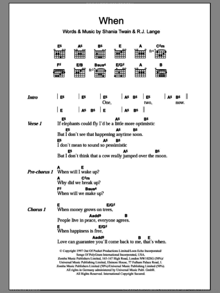 When sheet music for guitar (chords) by Shania Twain, intermediate skill level