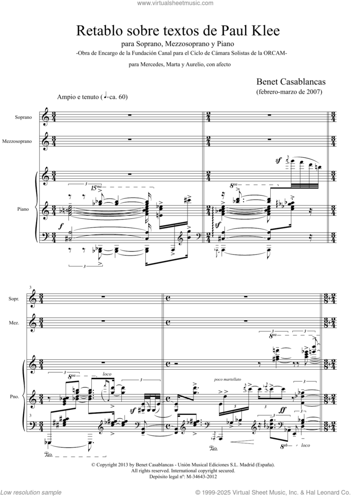Retablo sobre textos de Paul Klee sheet music for chamber ensemble (full score) by Benet Casablancas, classical score, intermediate skill level