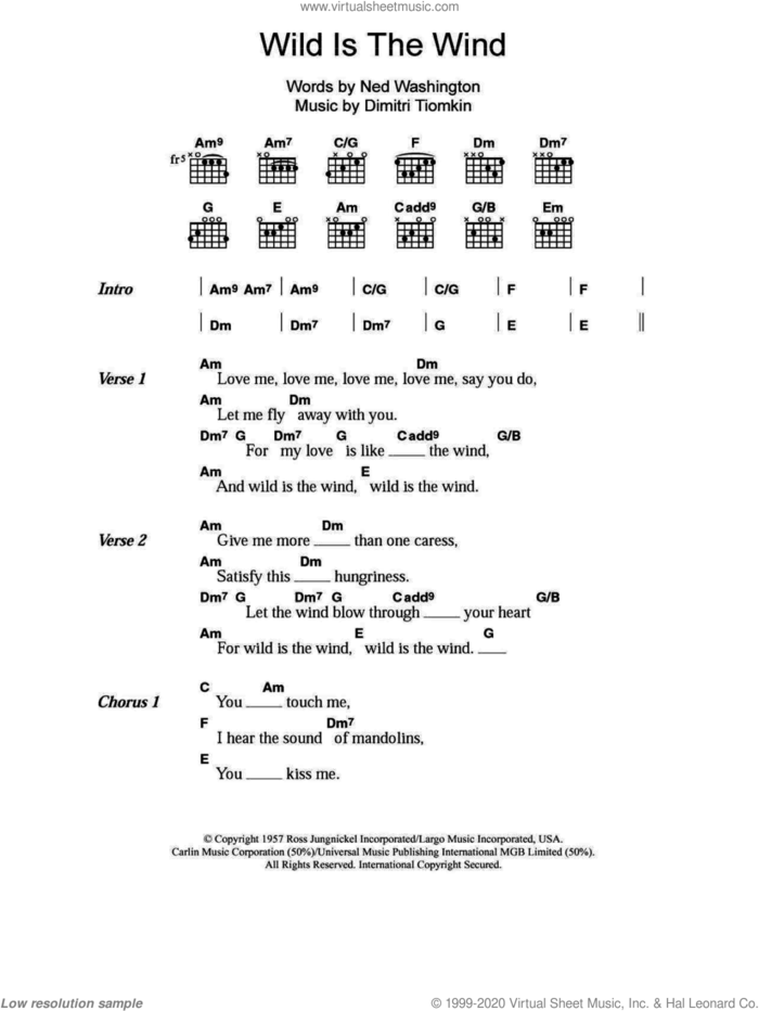 Wild Is The Wind sheet music for guitar (chords) by Nina Simone, David Bowie and Ned Washington, intermediate skill level