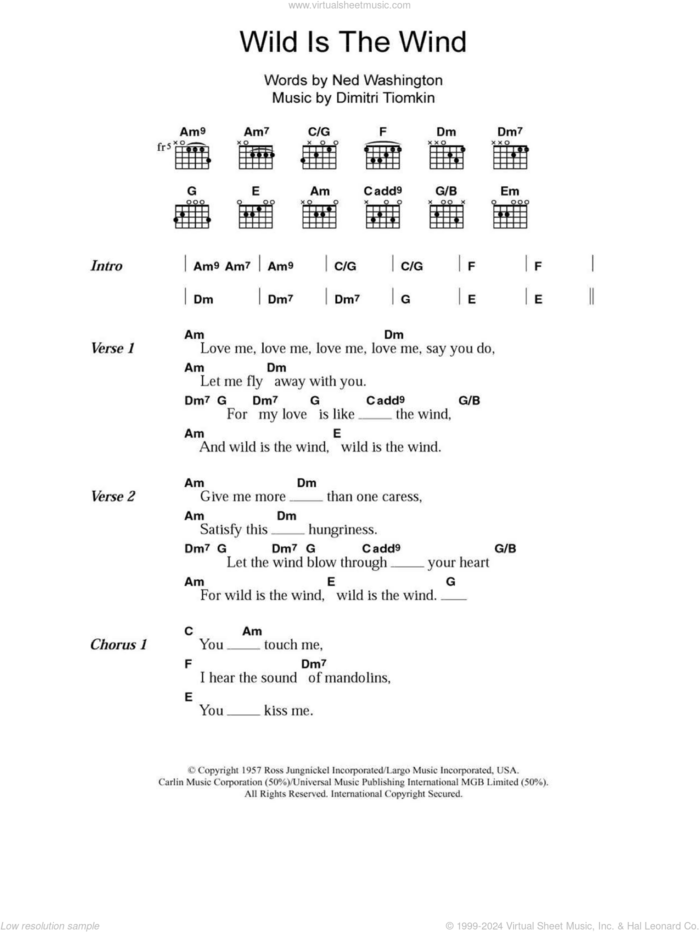 Wild Is The Wind sheet music for guitar (chords) by Nina Simone, David Bowie and Ned Washington, intermediate skill level