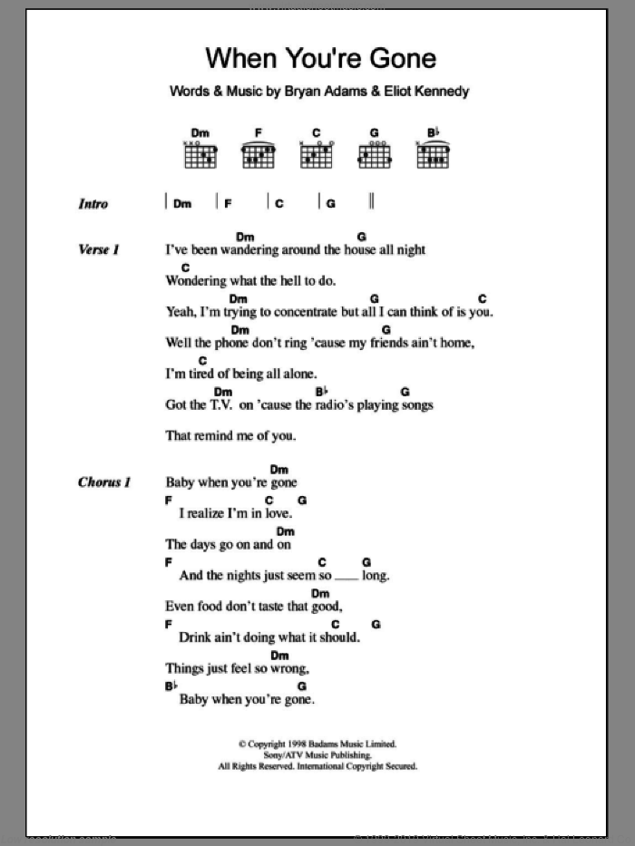 When You're Gone sheet music for guitar (chords) by Bryan Adams, intermediate skill level